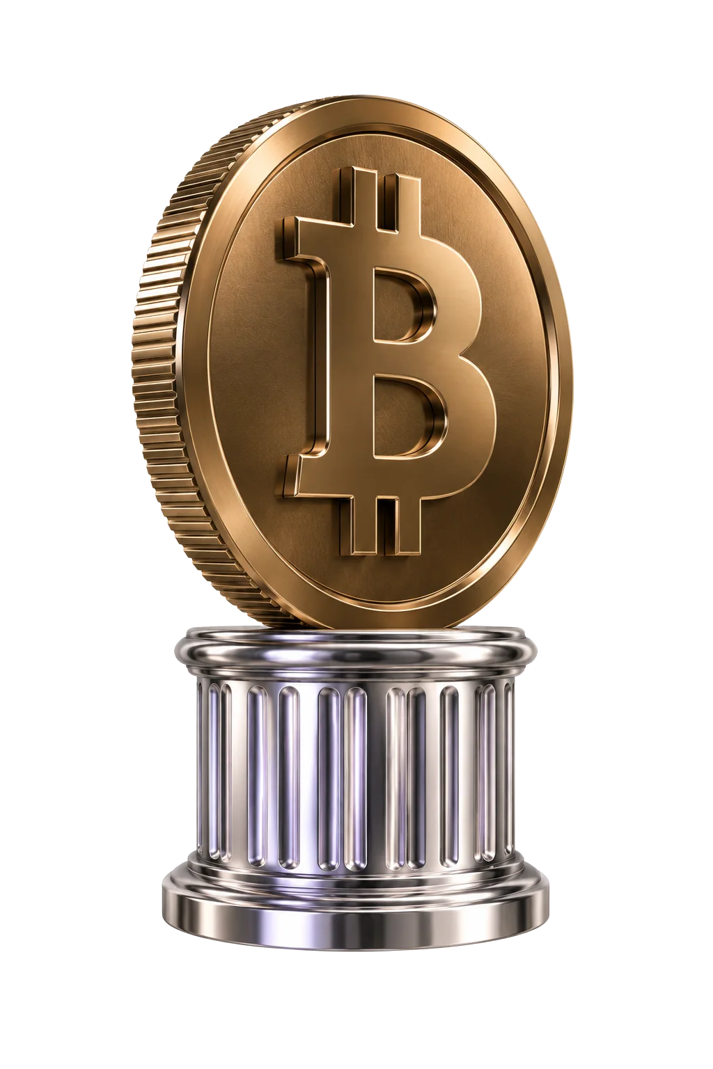 Bitcoin coin on a chrome pedestal