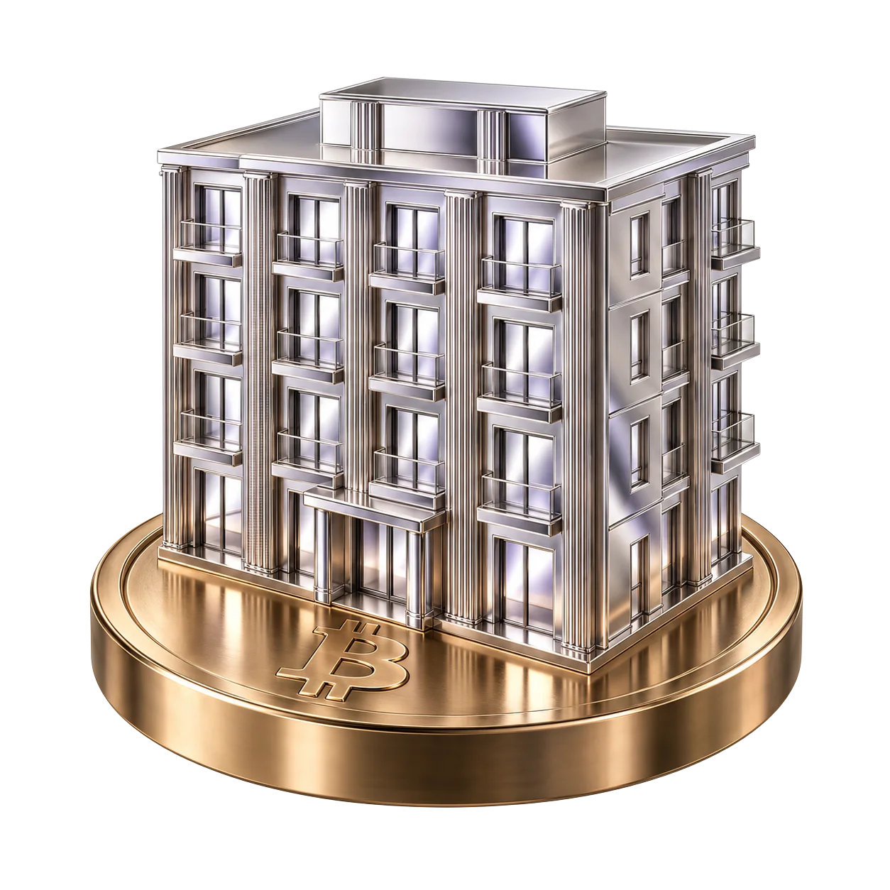 Chrome apartment building on a gold Bitcoin